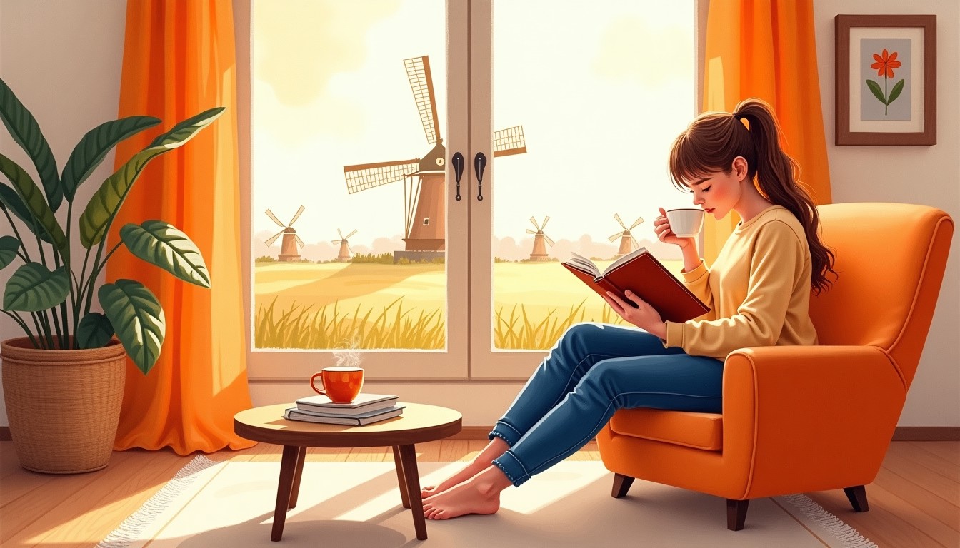 Cozy Dutch living room with person reading and tea, sunny view with windmill