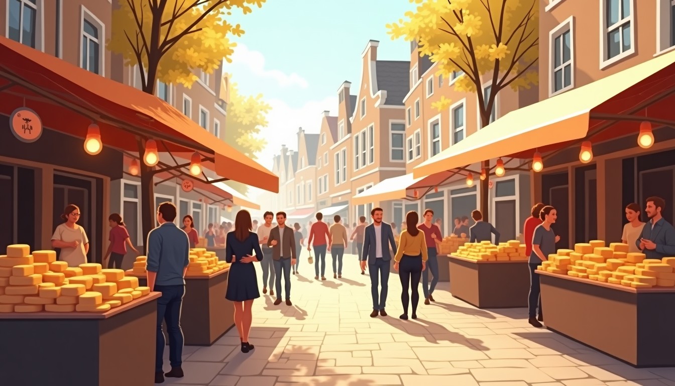 Dutch street market with cheese, flowers, and bread, people smiling