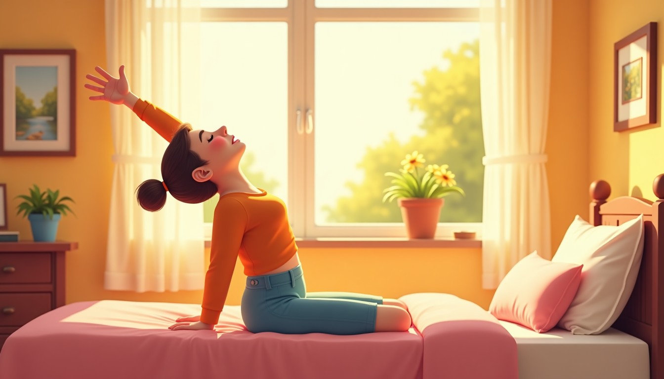Person waking up happily in a bright bedroom with sunlight