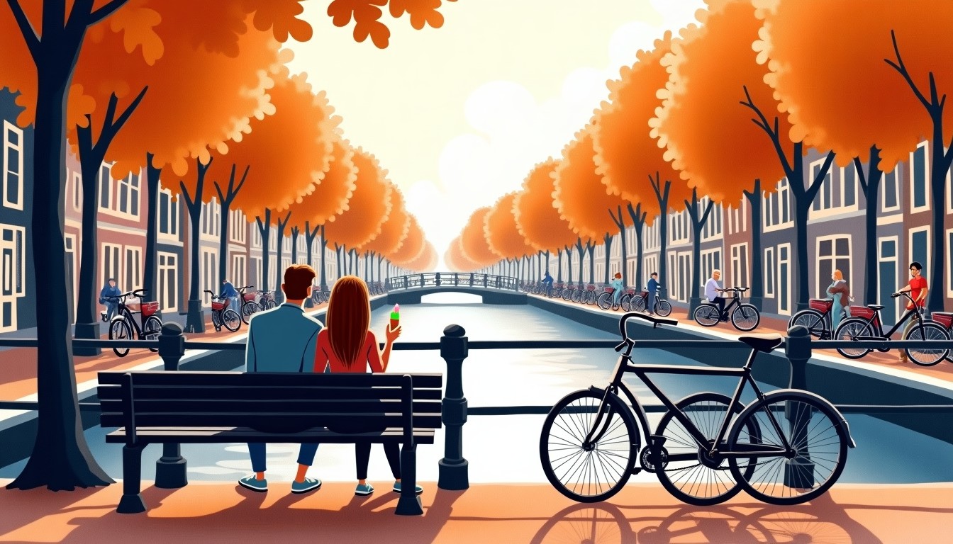 Couple sitting on a bench by a Dutch canal, eating ice cream, bicycles nearby