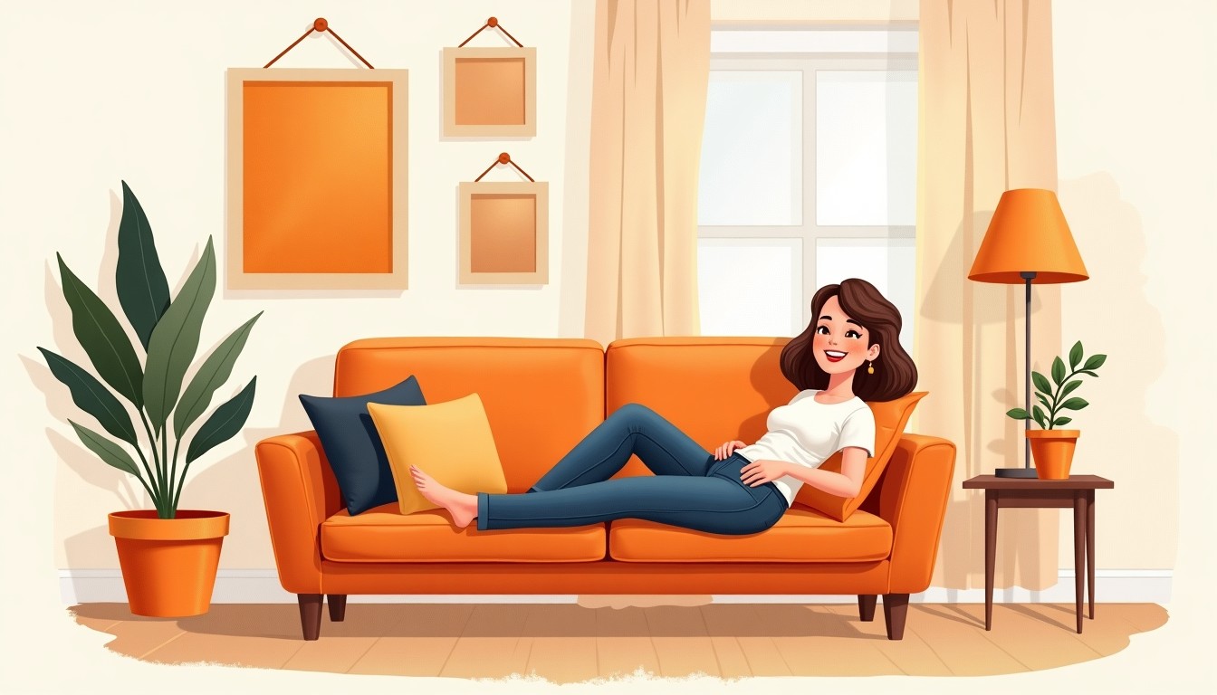 Person relaxing on a couch after a meal, unbuttoning jeans, in a cozy Dutch living room.