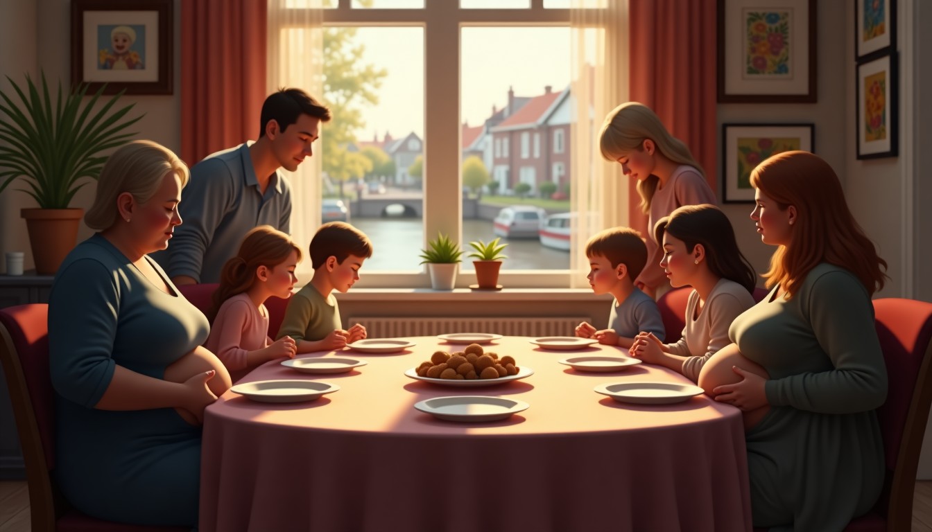 Dutch family members leaning back after a meal, patting their bellies, around a table with empty plates.