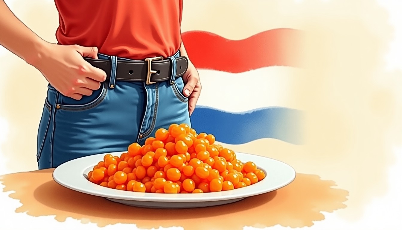 Plate of stamppot and a hand loosening a belt, with Dutch flag in background.