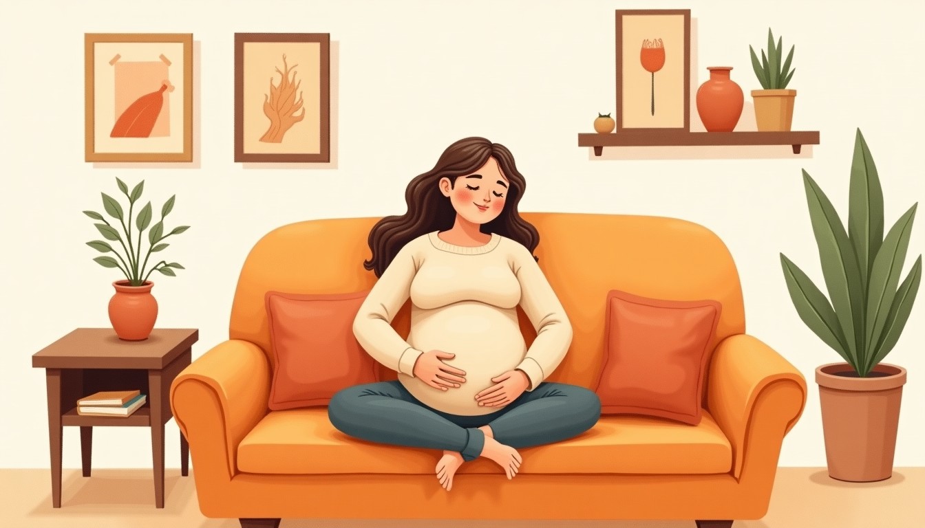 Person lounging on a couch after a meal, hands on belly, looking content