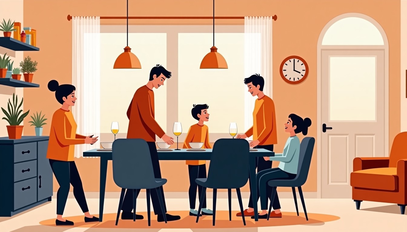 Dutch family finishing a meal and heading to the living room to lounge