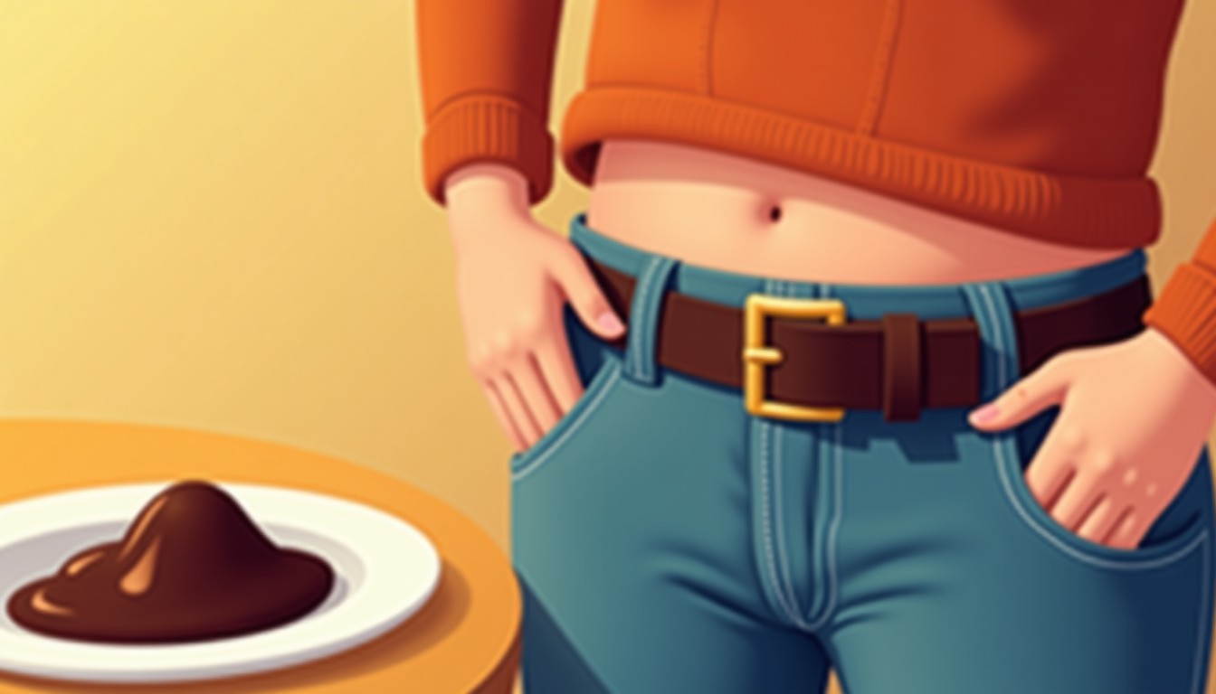 Hand loosening a belt next to a plate of stamppot