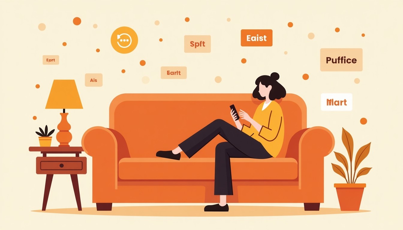 Person lounging and listening to a podcast with Dutch words around