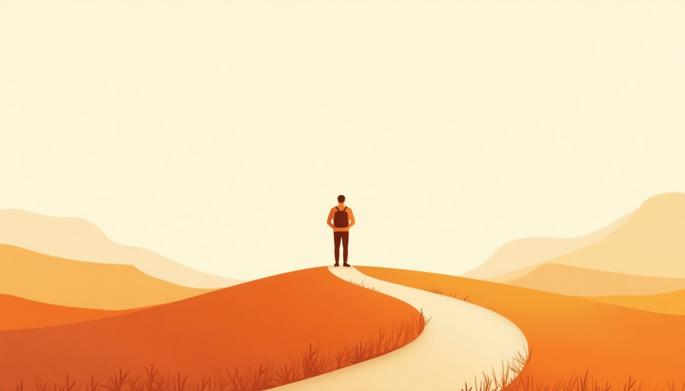 Illustration of a person on a plateau with a winding path upward, in warm colors.