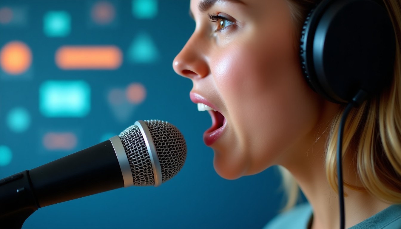 Person recording themselves speaking Dutch with floating words, warm illustration style.
