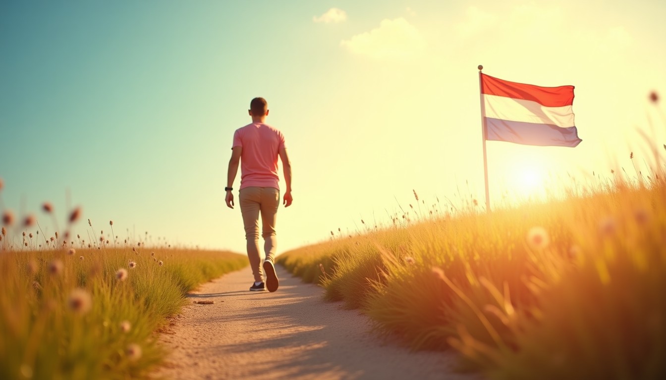 Person climbing a hill toward a Dutch flag, warm and hopeful illustration.