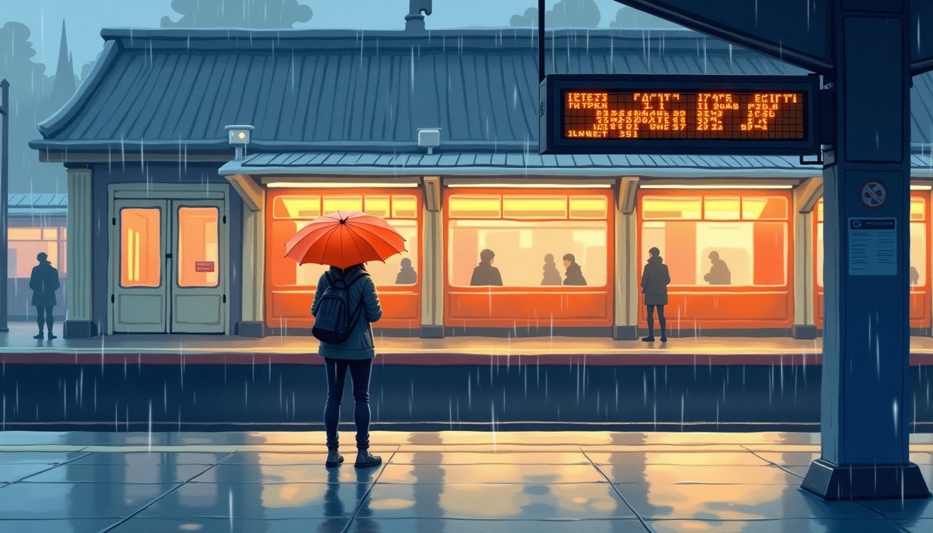 Person with orange umbrella looking at a departure board with delays at a Dutch train station