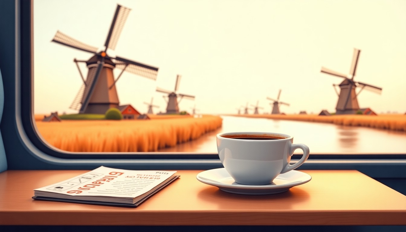 Coffee cup and notebook on a train table with Dutch landscape outside the window