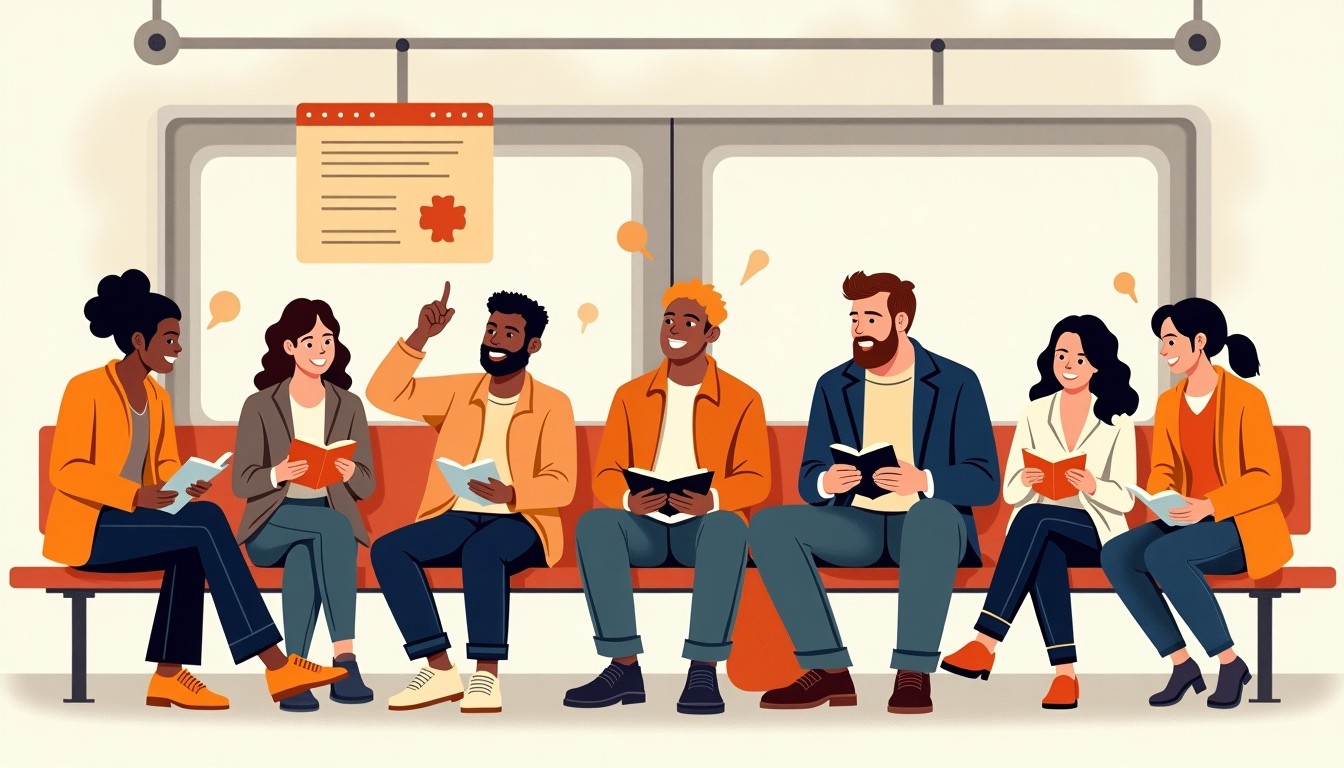 Group of people waiting calmly on a Dutch train platform, one pointing at a phone