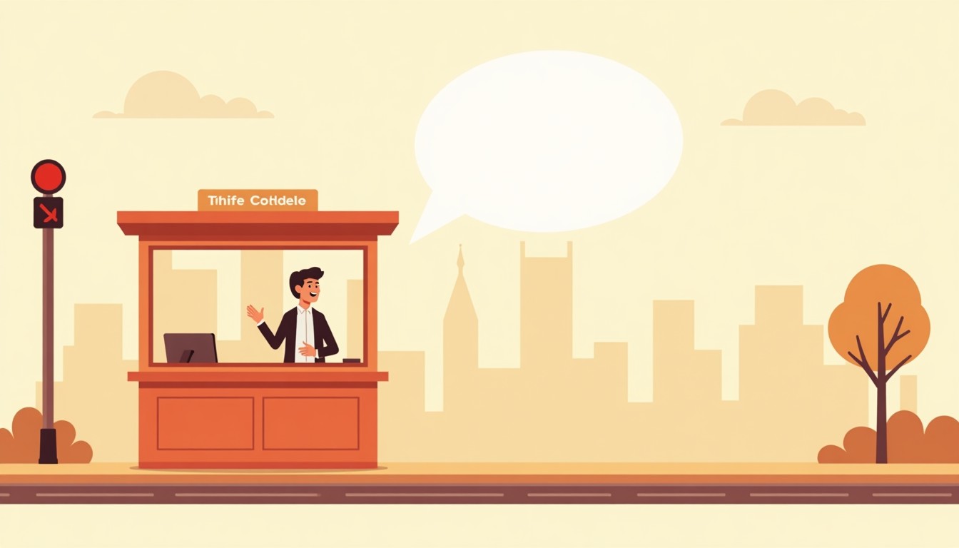 Friendly Dutch station announcer in a booth, with an empty speech bubble