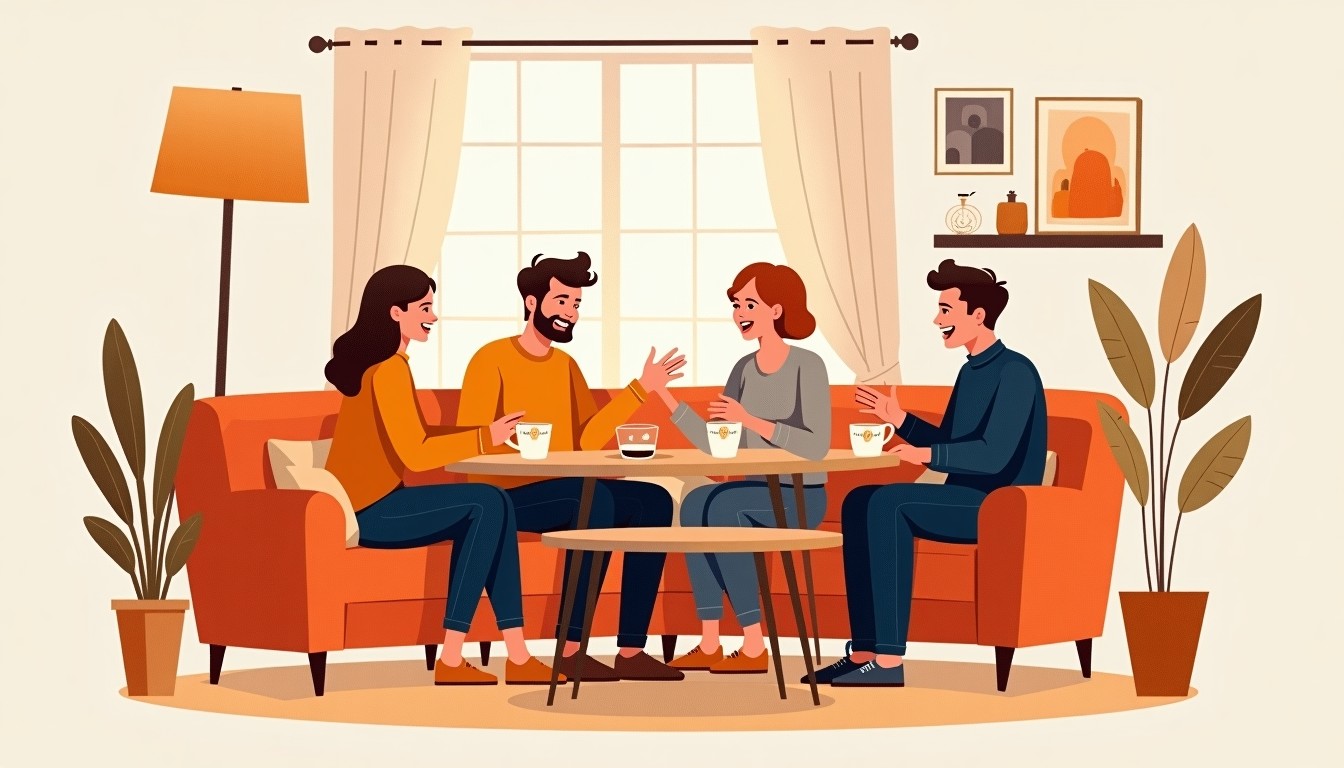 Friends laughing in a cozy Dutch living room, one shrugging as if saying 'hè'