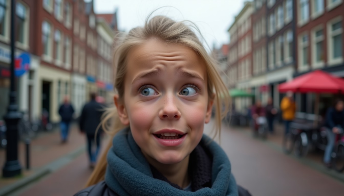 Close-up of a Dutch person with a quizzical expression, mouth open as if saying 'hè'