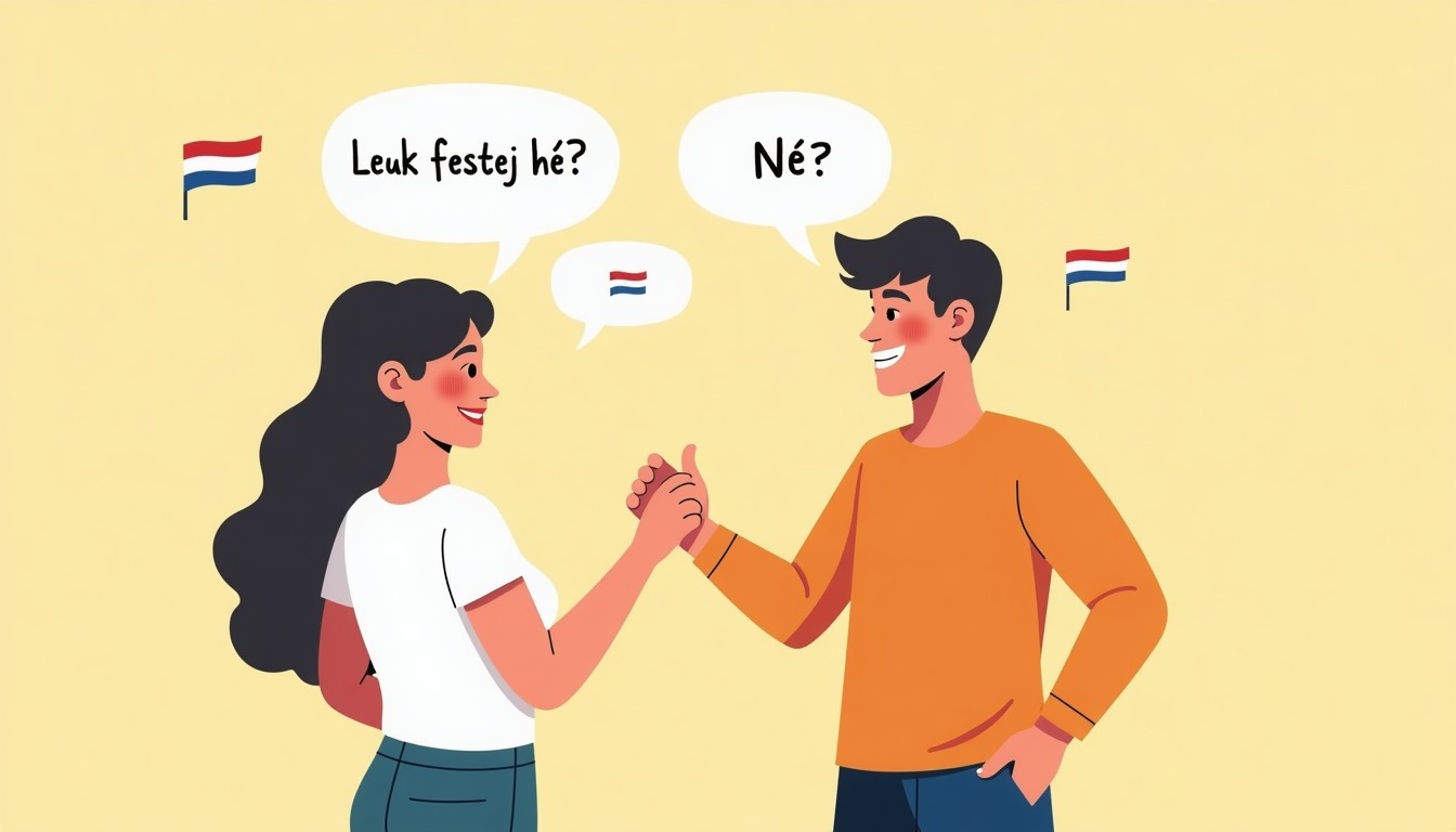 Comic illustration of two people talking, one saying 'Leuk feestje, hè?' with a thought bubble