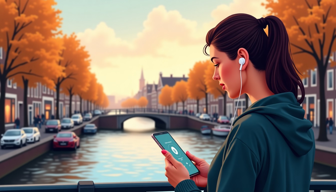 Person by a Dutch canal practicing Dutch on a phone with earbuds