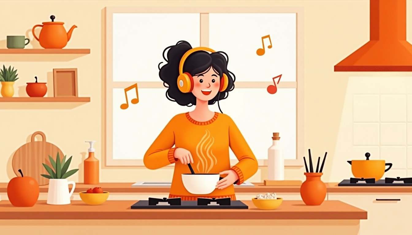 Person wearing headphones while cooking in a cozy kitchen, with Dutch podcast waves floating around
