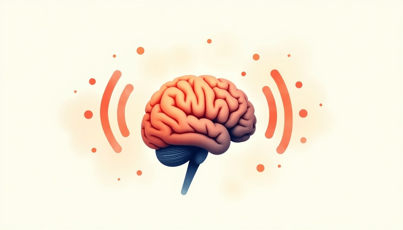 Watercolor illustration of a brain with sound waves connecting to language areas