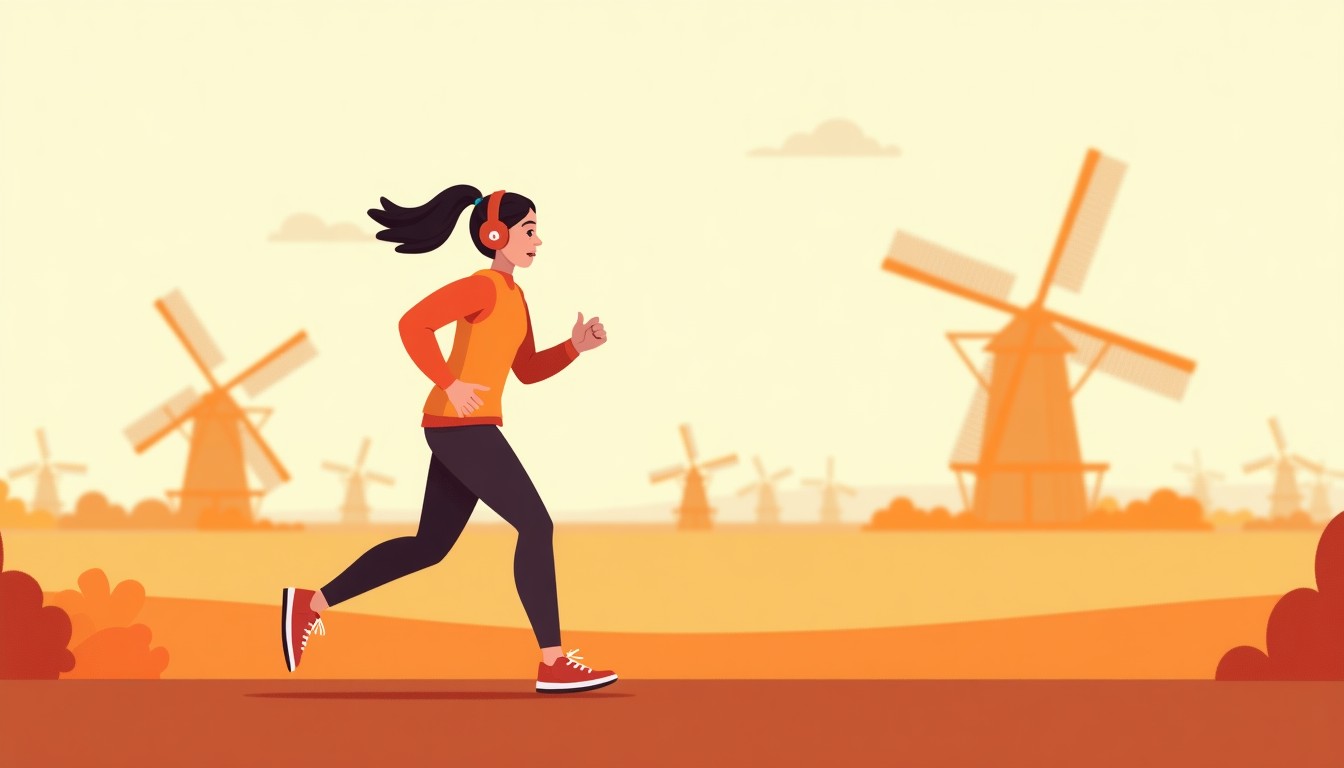 Person jogging through a Dutch landscape with headphones, listening actively