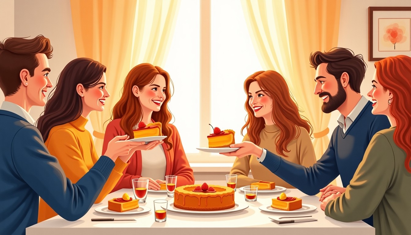 A cozy Dutch birthday party where someone offers a slice of apple pie to a newcomer.