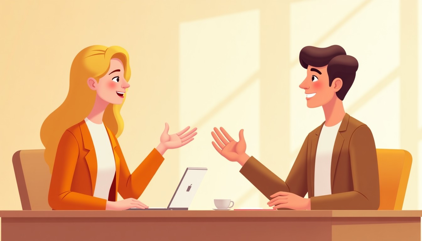Two colleagues in a Dutch office, one congratulating the other on a promotion with a warm smile.