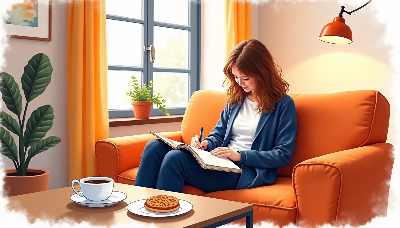 A person writing in a journal on a couch in a cozy Dutch home, with coffee and a stroopwafel.