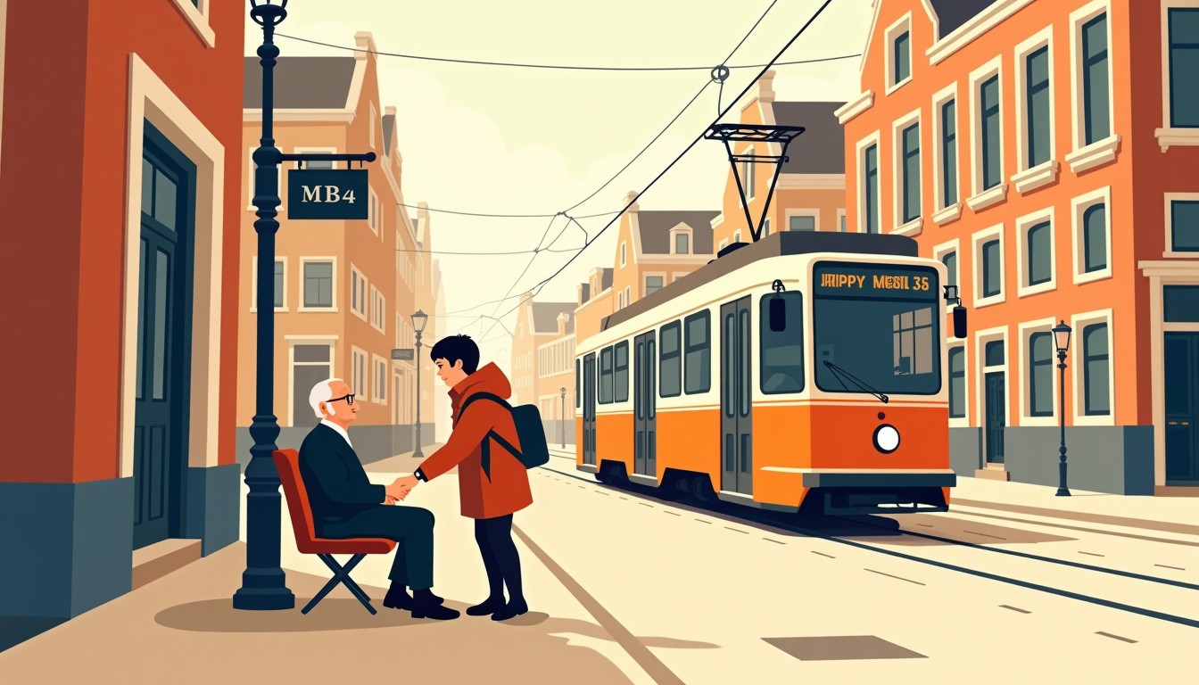 A young person offering their seat to an elderly person on a Dutch tram.
