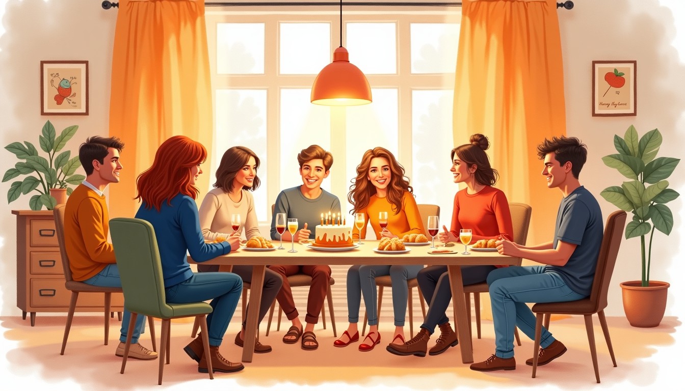Watercolor illustration of friends gathered in a cozy Dutch living room with candles and oliebollen