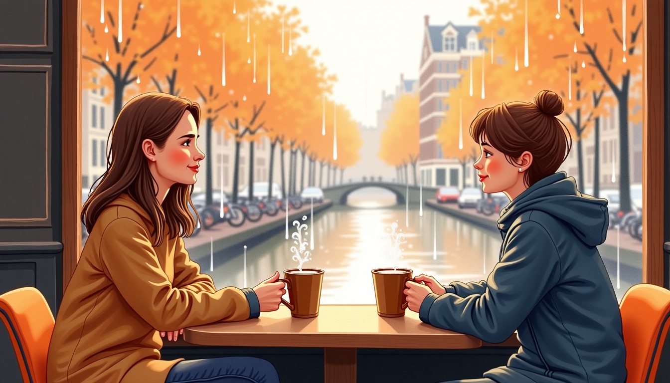 Watercolor illustration of two friends in a canal-side café on a rainy day, drinking hot chocolate