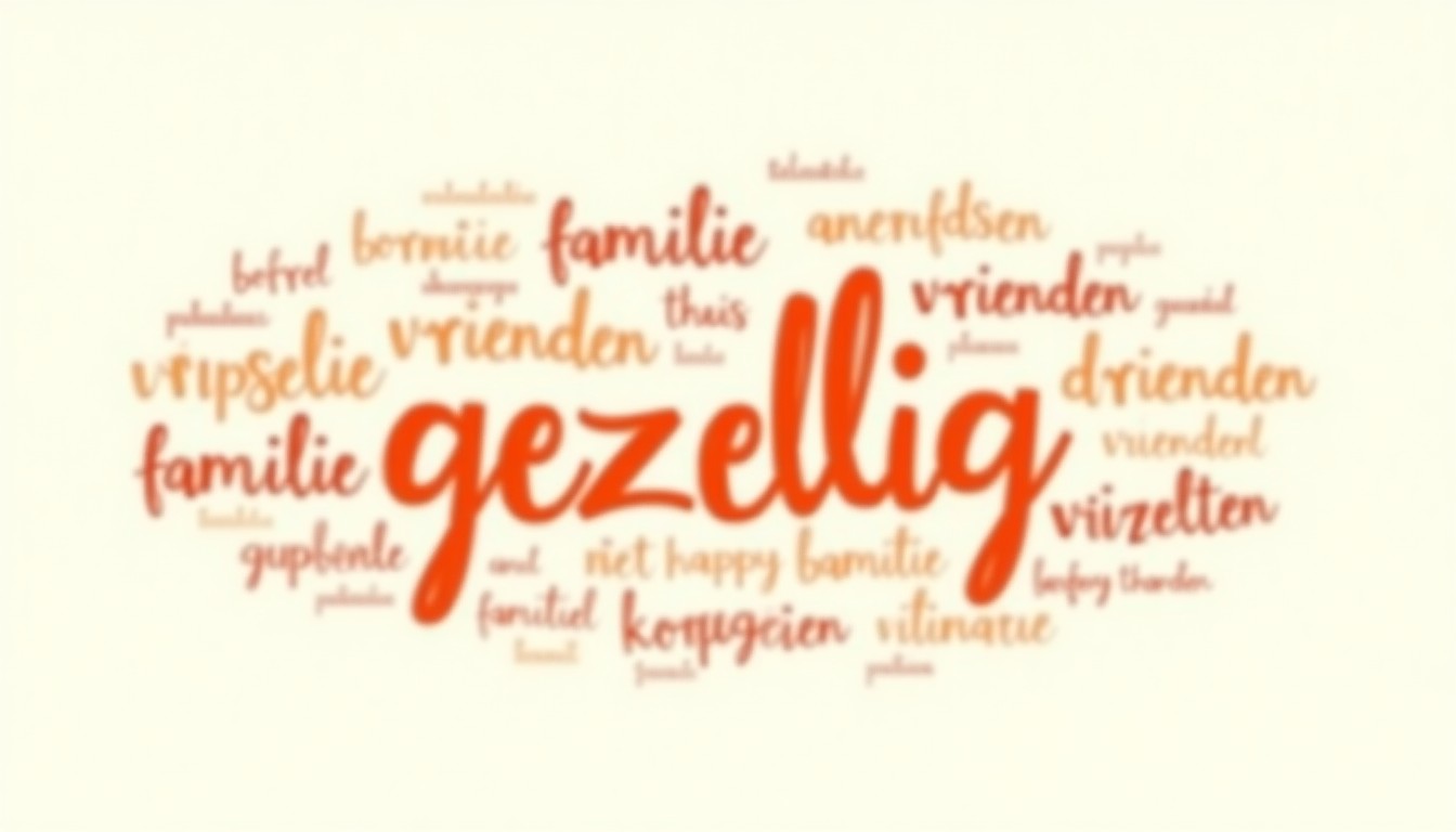 Watercolor illustration of a word cloud with 'gezellig' prominent among other Dutch words