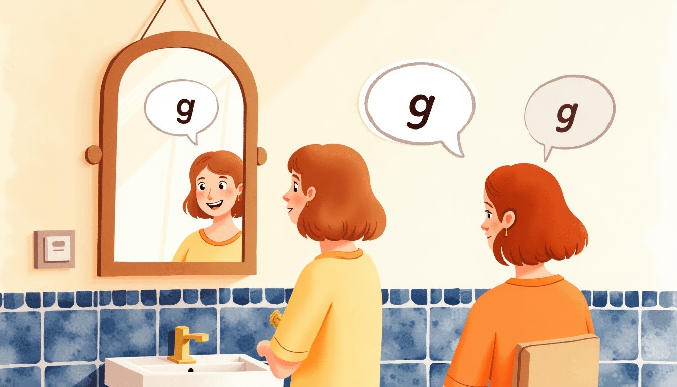 Watercolor illustration of a person practicing Dutch pronunciation in front of a mirror with speech bubbles