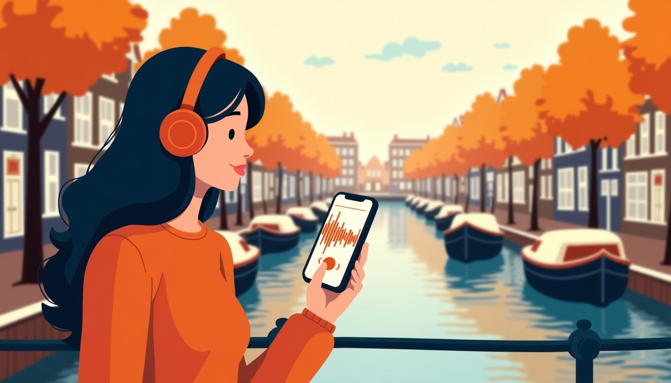 Person listening to a Dutch podcast while walking by a canal with houseboats.