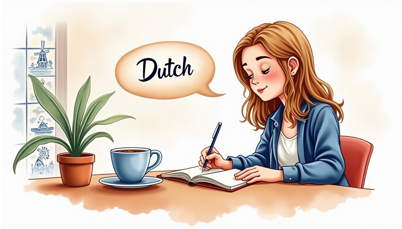 Person writing in a journal at a Dutch cafe, with Dutch words floating above.