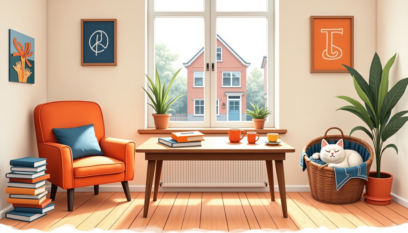 Cozy Dutch living room with books, puzzle, coffee cups, and a sleeping cat