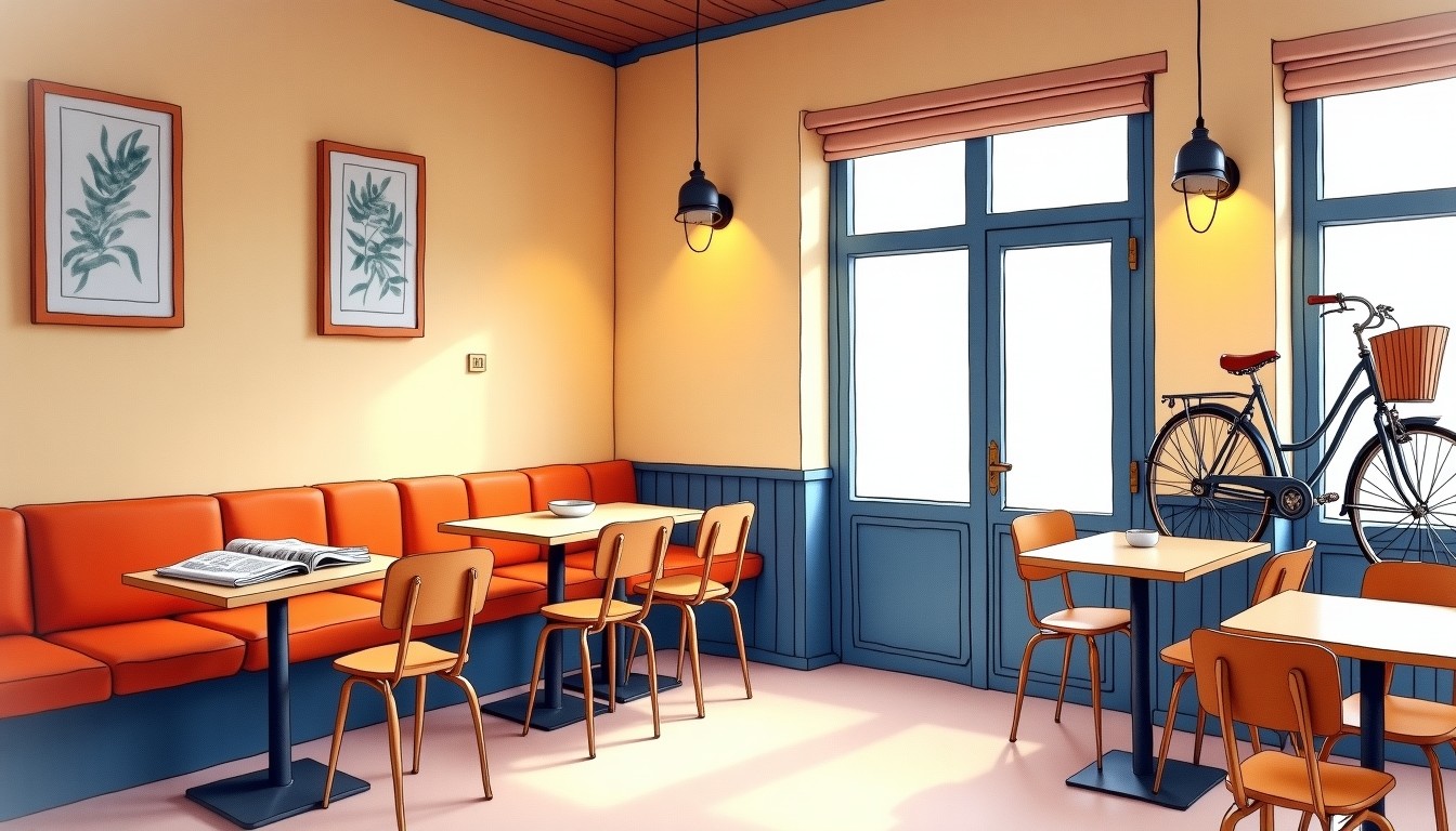 Dutch cafe interior with mismatched furniture and a bicycle outside