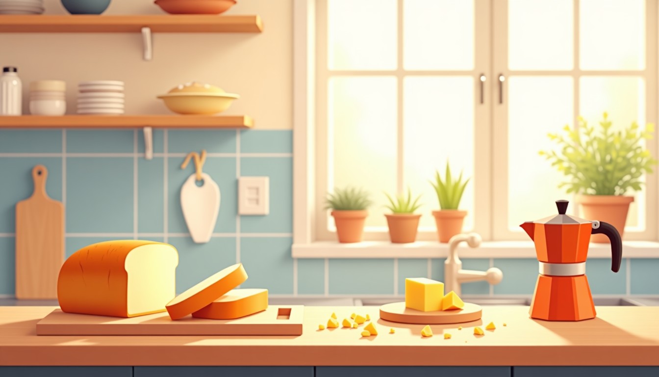 Dutch kitchen counter with bread, cheese slicer, and coffee pot
