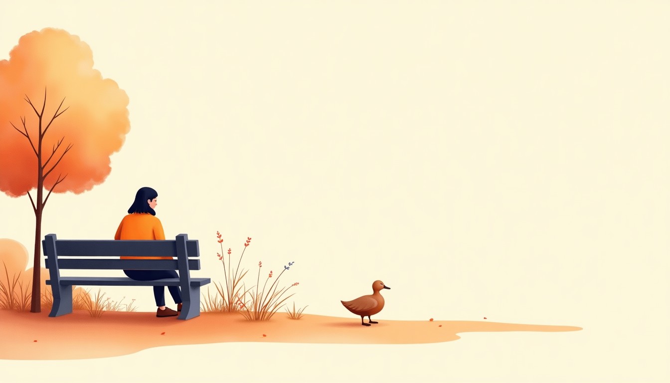 A person sitting on a bench in a Dutch park, staring at a duck, doing nothing
