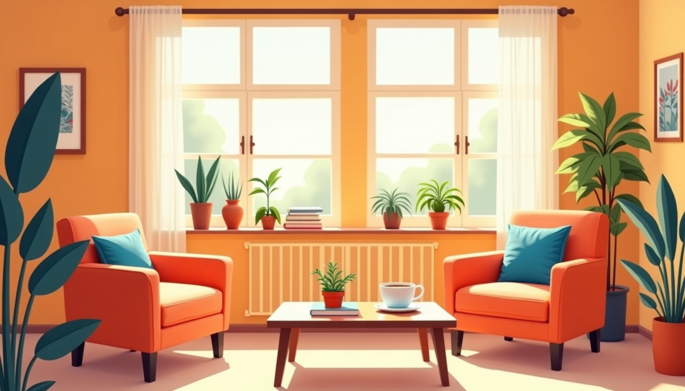 A cozy Dutch living room with a cup of coffee on a table, sunlight streaming in, no person present
