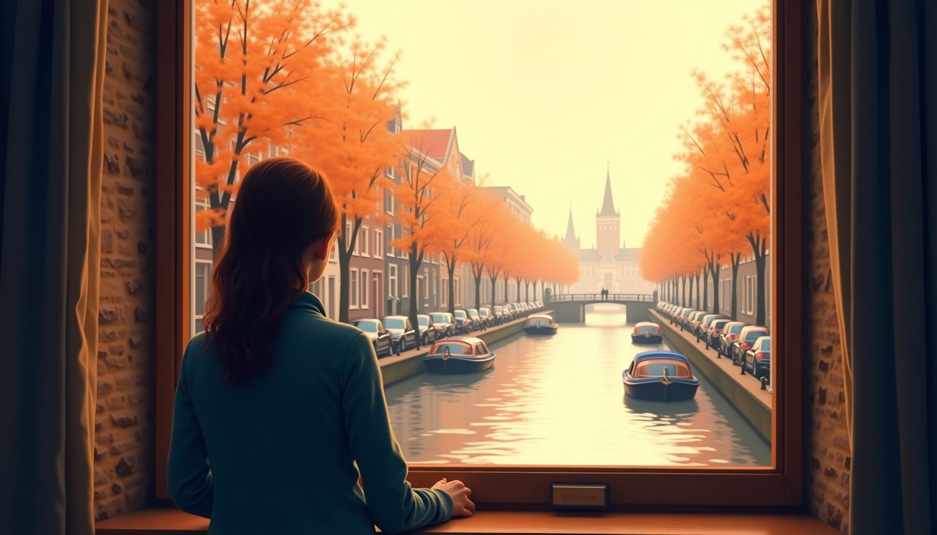 A person looking out of a window in a Dutch canal house, watching boats pass by, doing nothing