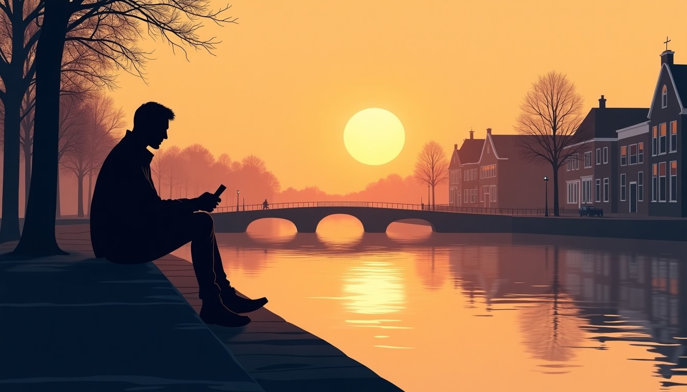 A silhouette of a person sitting on a dock by a Dutch canal at sunset, doing nothing