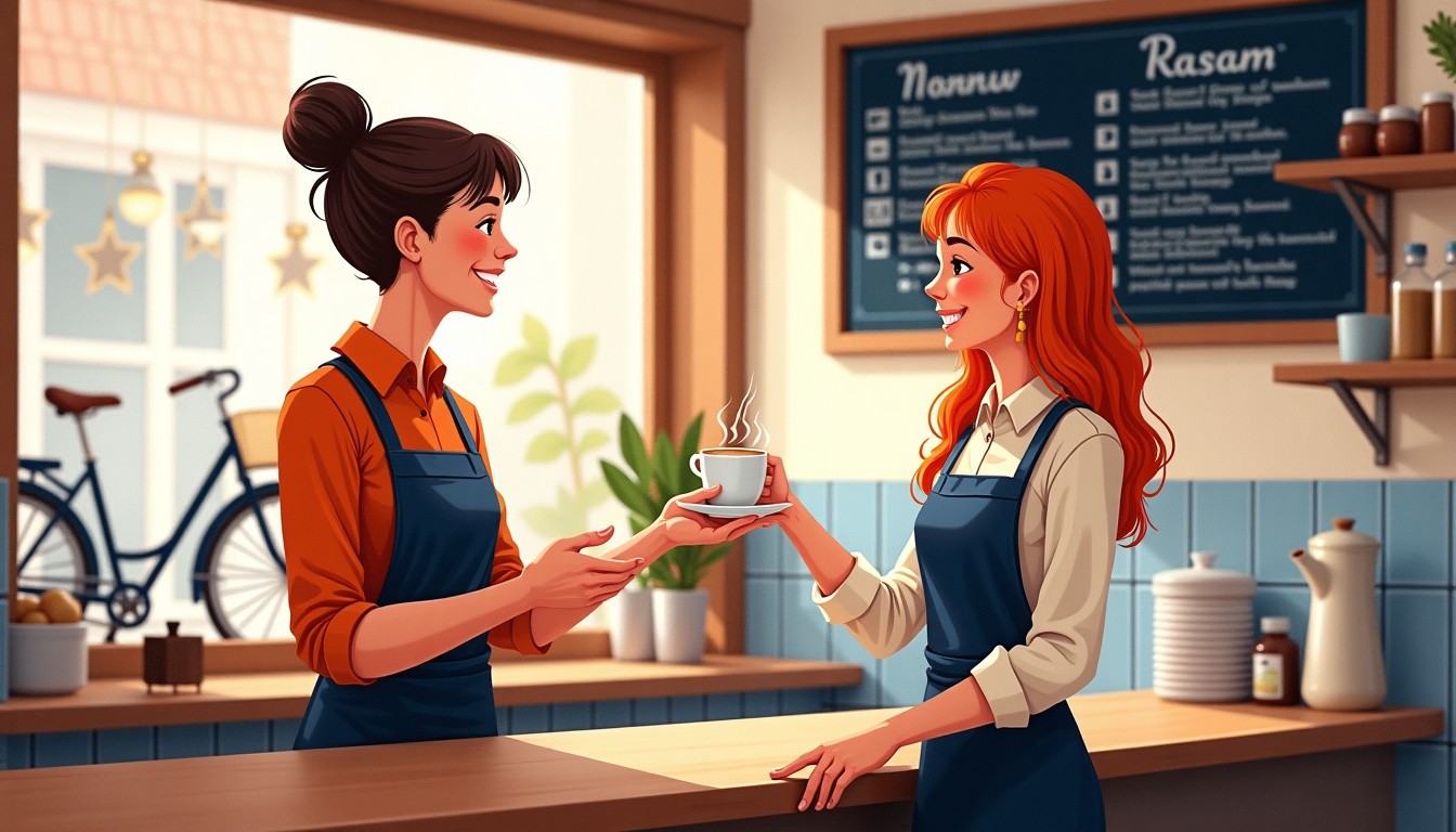 Warm watercolor illustration of a Dutch café scene with a barista and customer, orange and cream colors.