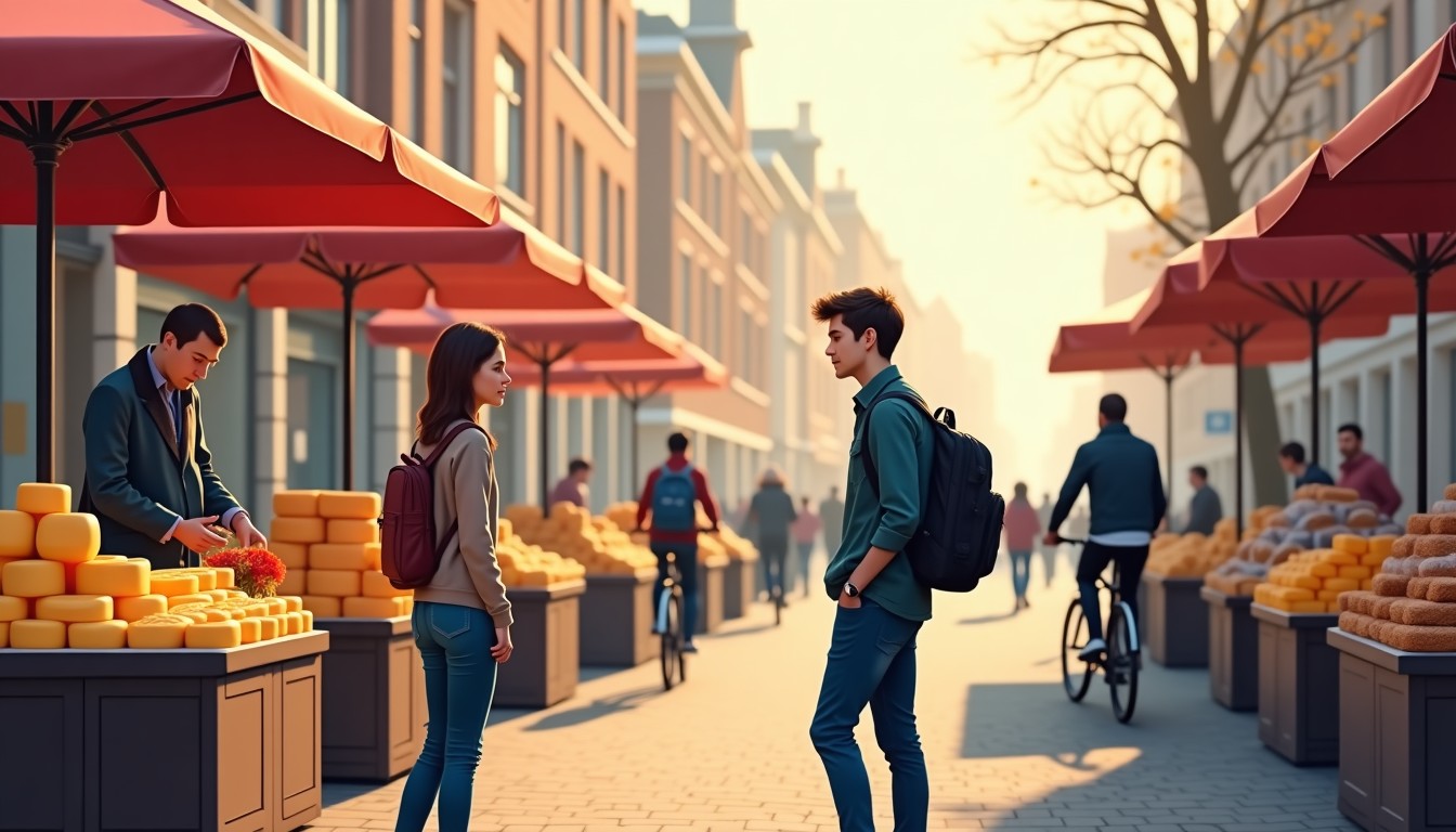 Soft digital art of a Dutch market with an expat and vendor, orange and cream colors.