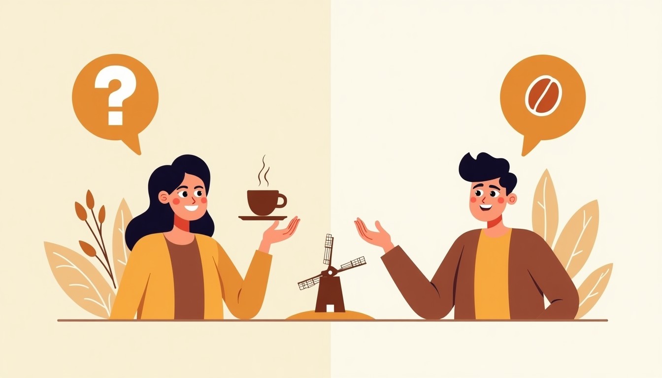 Warm illustration of a person confused then shrugging with a coffee, windmill in background.
