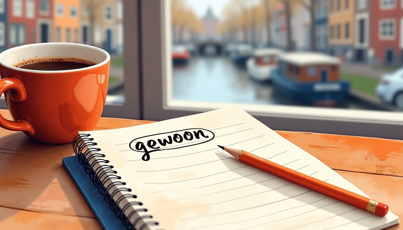 Watercolor illustration of a notebook with the Dutch word 'gewoon' circled, coffee cup, canal view.