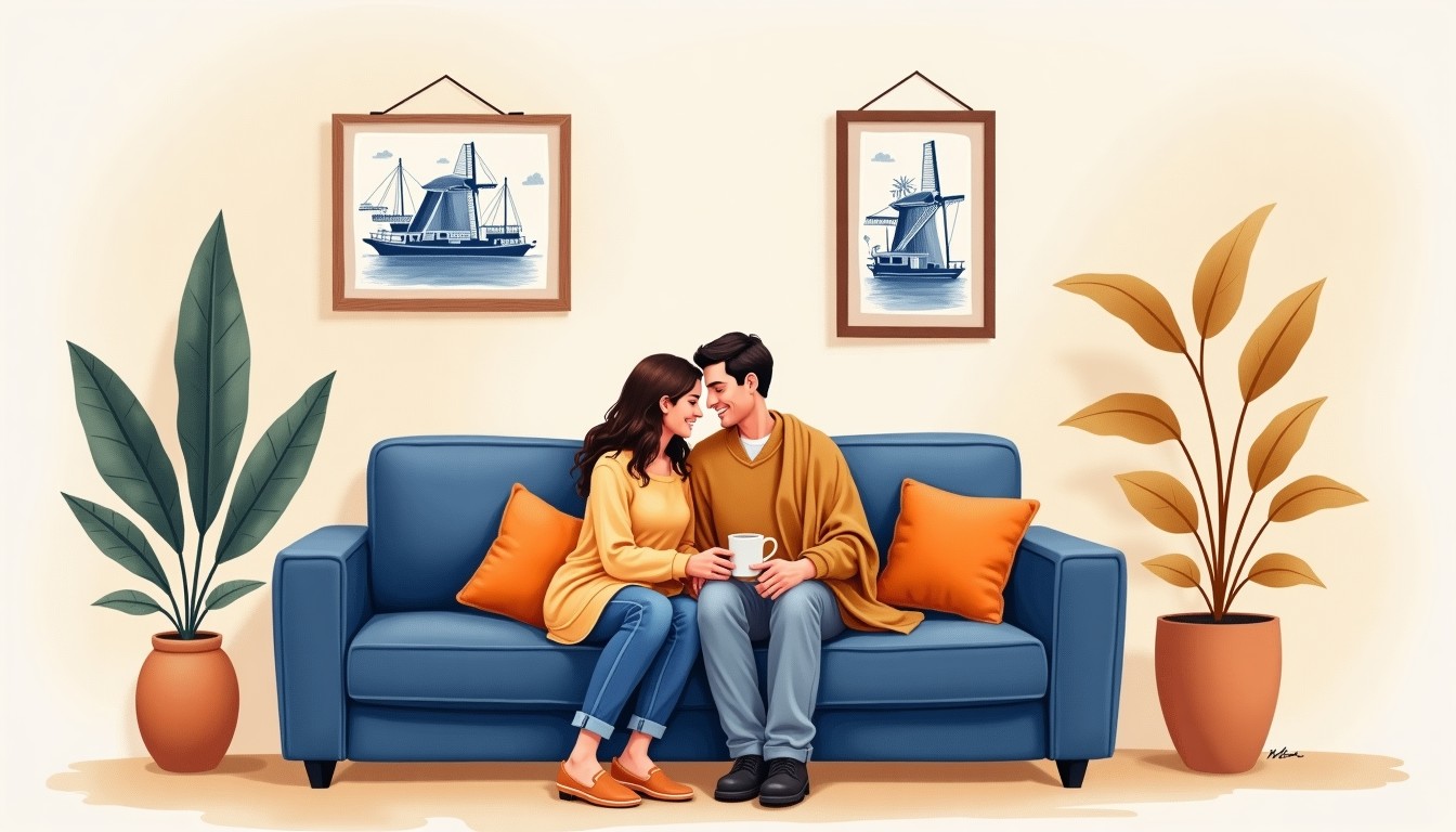 A couple cuddling on a couch in a cozy Dutch living room