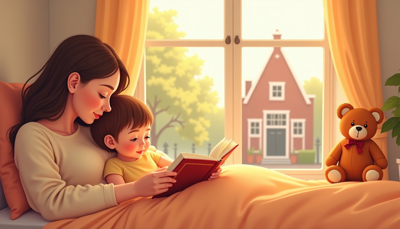 Parent and child cuddling while reading a book