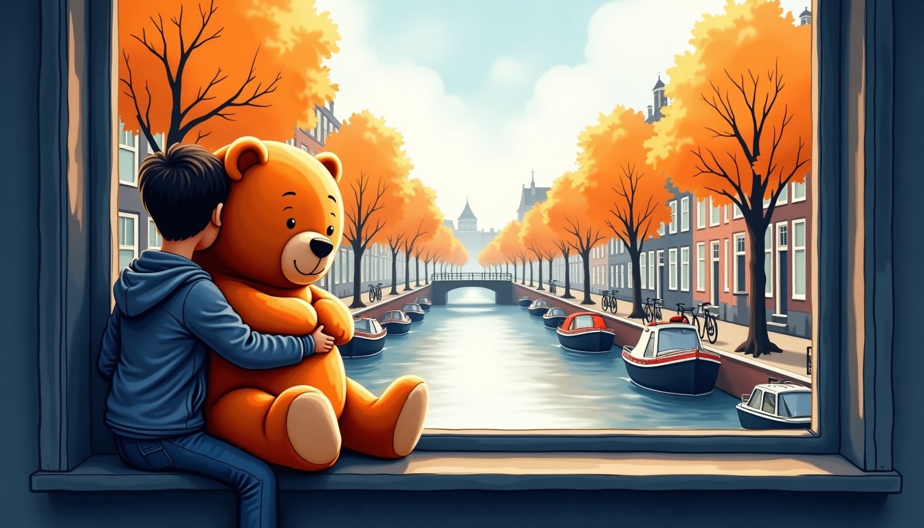 Person hugging a teddy bear by a canal