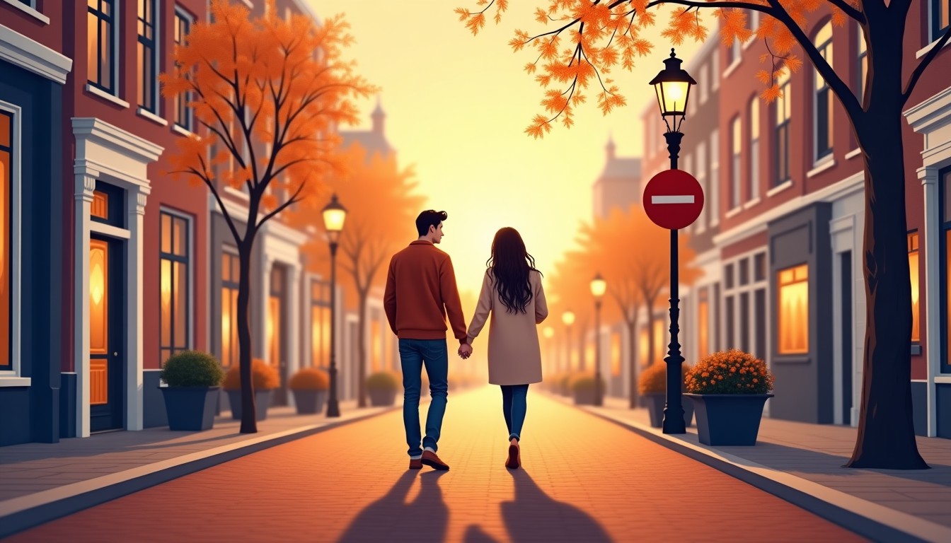 Couple hugging on a Dutch street at dusk
